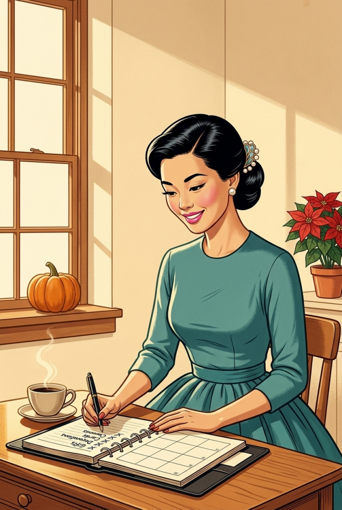 Calm vintage 1950s woman checking off her September Christmas planning checklist — get ahead of the holidays with these simple steps