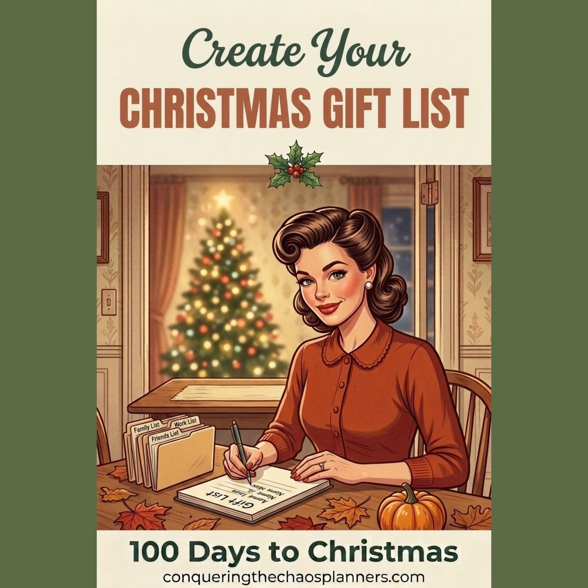 Vintage 1950s illustration of a woman writing in a gift list notebook at a wooden desk with labeled folders nearby
