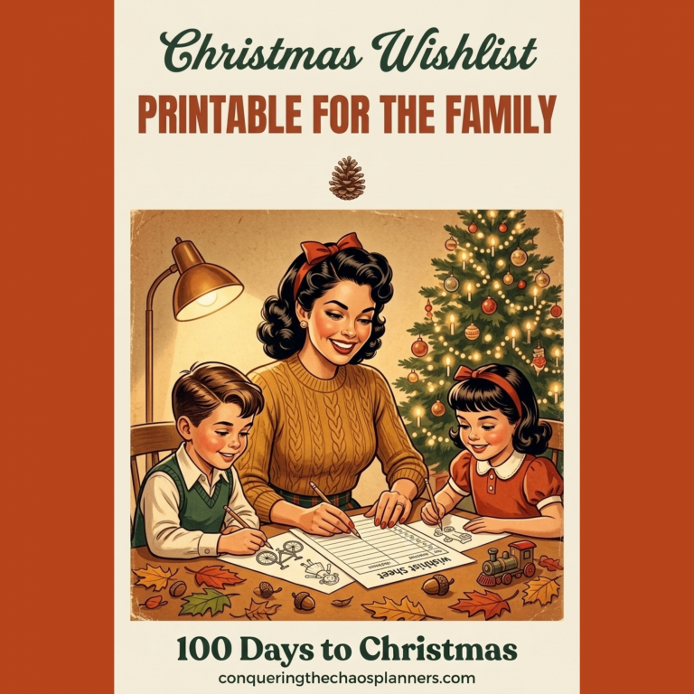 Christmas wishlist printables for the family text with a vintage style mom and kids at the table filling out a list