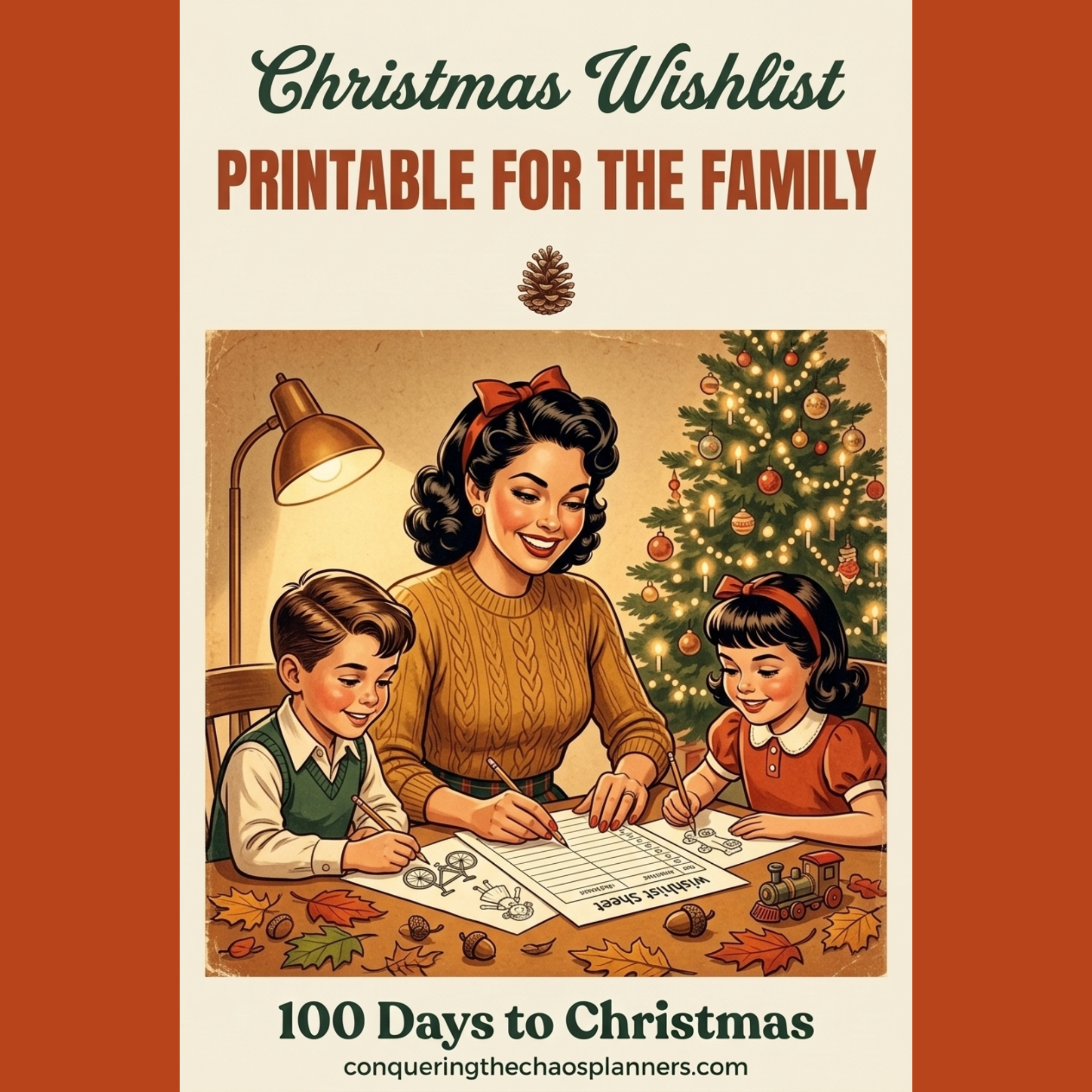 Christmas wishlist printables for the family text with a vintage style mom and kids at the table filling out a list