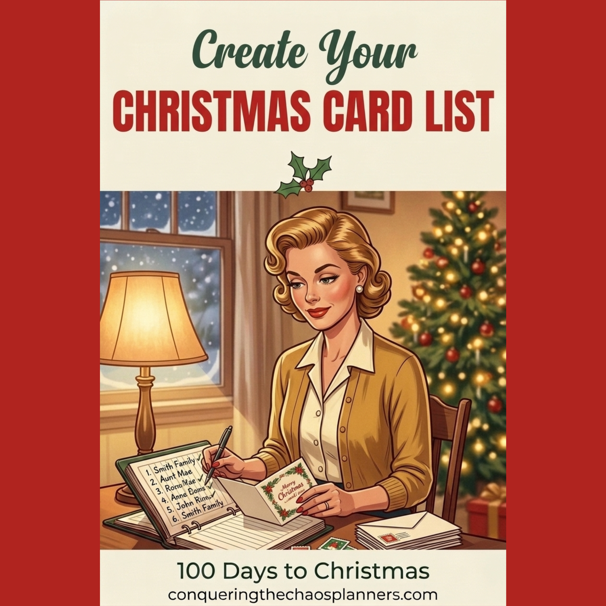 Vintage 1950s illustration of a woman addressing Christmas cards at a desk with a checklist notebook and envelopes