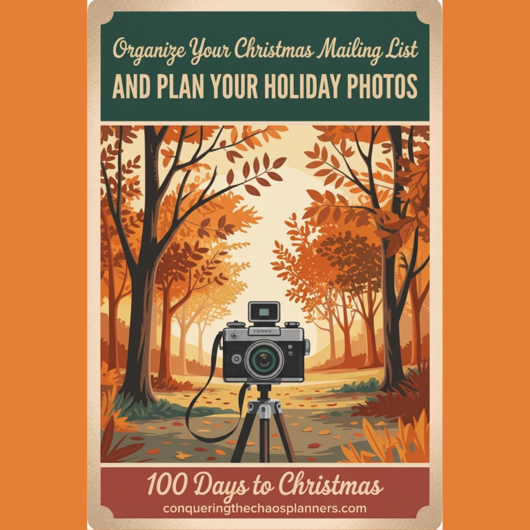 image of fall road with camera set up with text saying organize your christmas mailing list and plan your holiday photos.