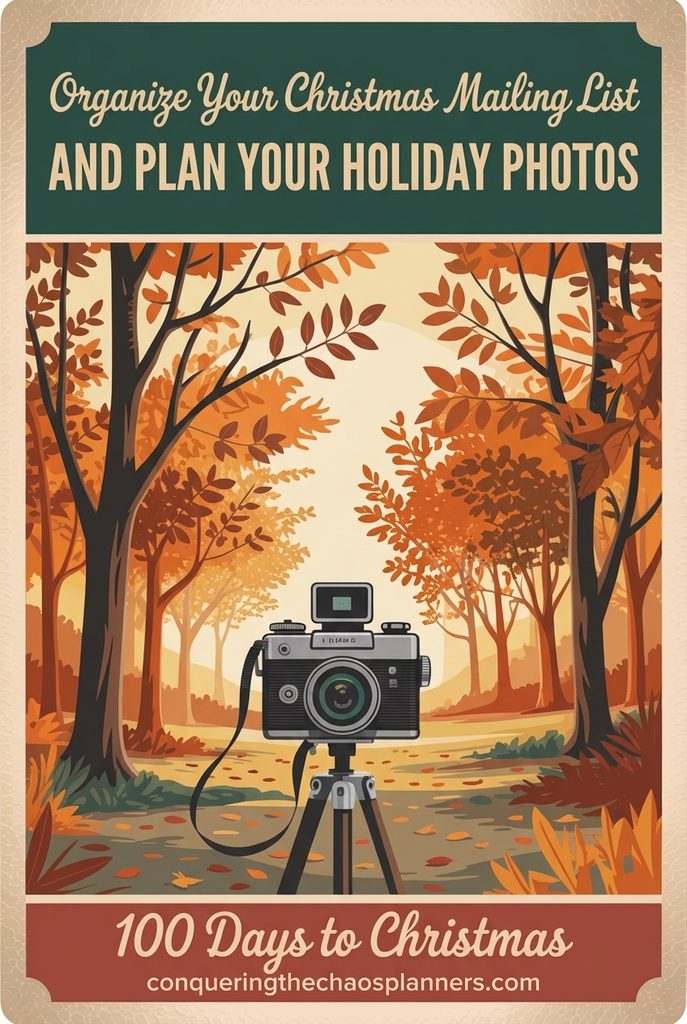 Vintage camera on a tripod on a golden autumn path, text reads Organize Your Christmas Mailing List and Plan Your Holiday Photos