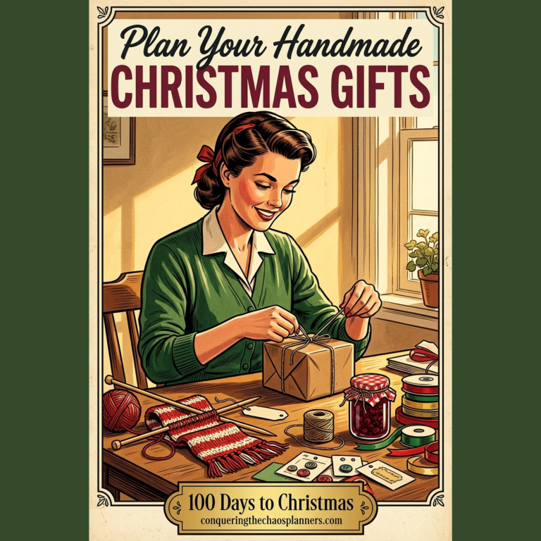 Vintage 1950s illustration of a woman wrapping a handmade gift surrounded by knitting and homemade jam