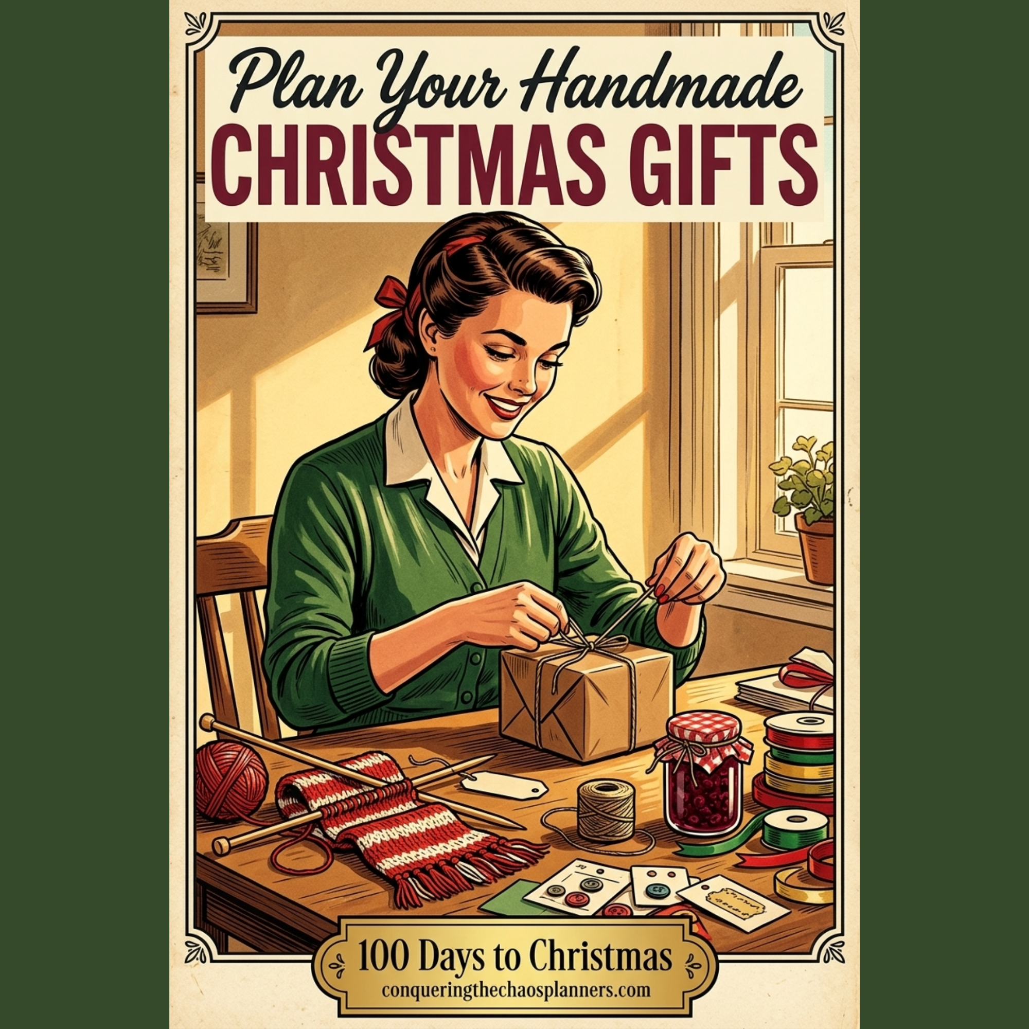 Vintage 1950s illustration of a woman wrapping a handmade gift surrounded by knitting and homemade jam
