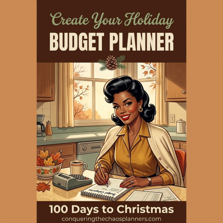 Vintage 1950s illustration of a woman writing budget categories at a kitchen table with a calculator and coffee