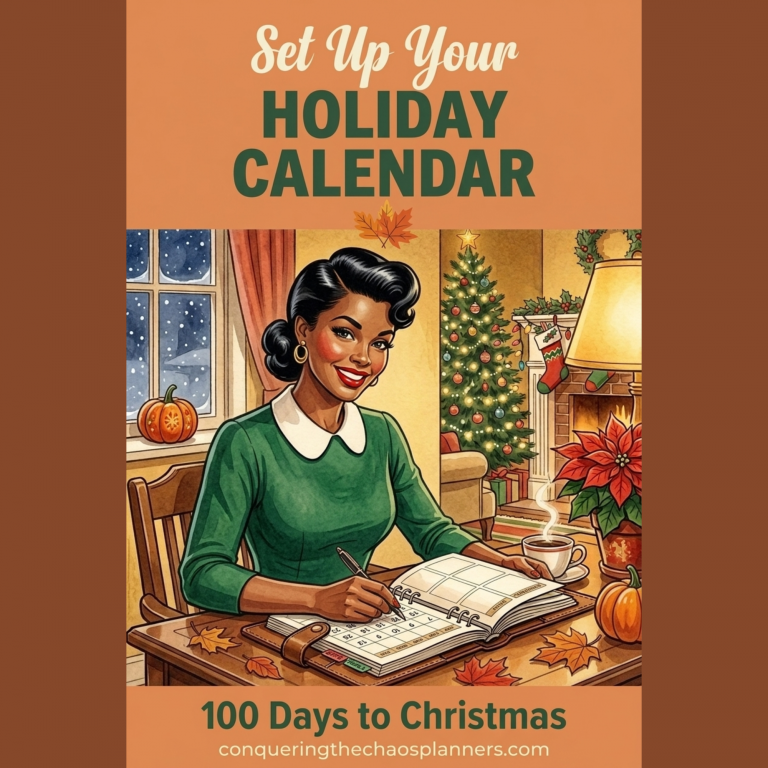 set up your holiday calendar text with a vintage styled woman at the table with a planner