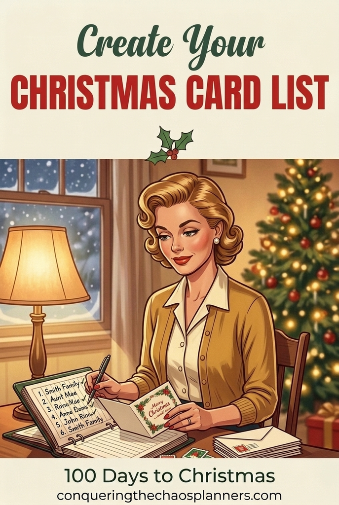 Christmas card list printable — vintage illustration of a woman addressing cards with a checklist notebook beside her and the text Create Your Christmas Card List