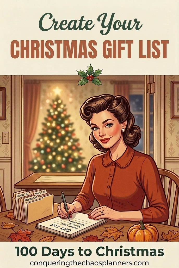 Christmas gift list printable — vintage illustration of a woman writing names into her gift list notebook with the text Create Your Christmas Gift List