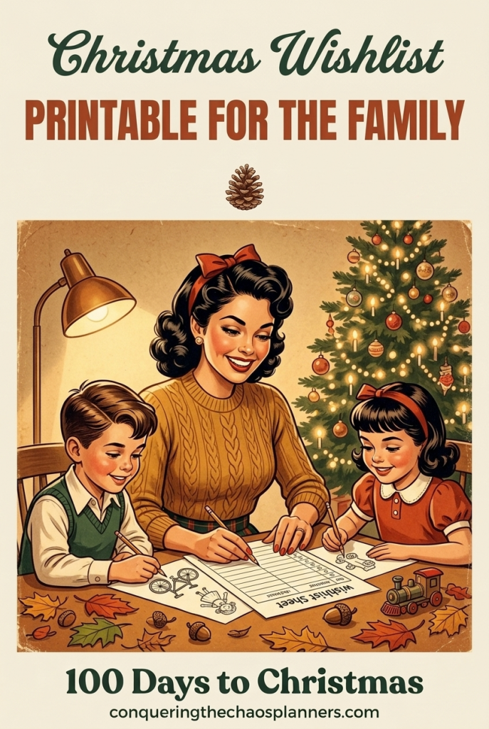 Christmas wishlist printable for the family — vintage illustration of a woman and children filling out gift ideas with the text Christmas Wishlist Printable for the Family