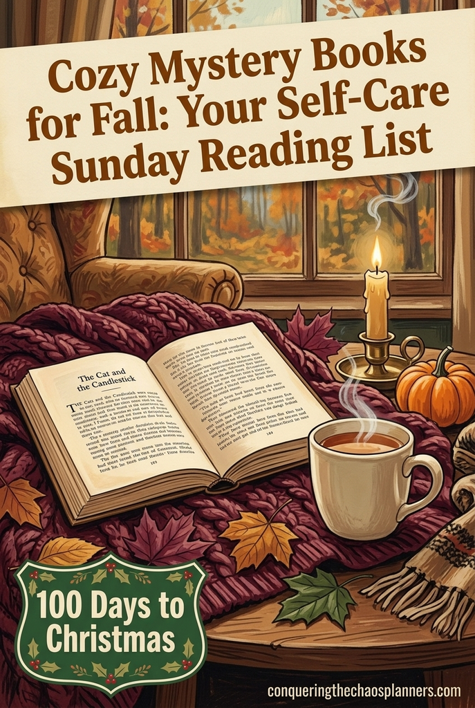 cozy mystery books for fall: your self care sunday reading list text with an image of a book, a candle, some tea and a falling leaves outside the window.