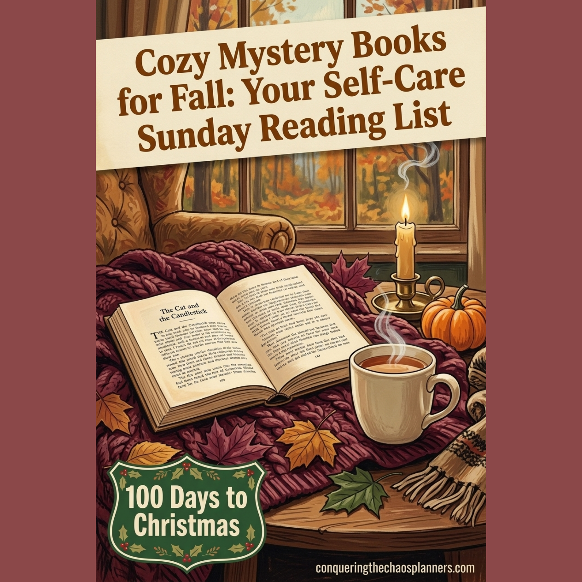 Cozy autumn reading nook with an open cozy mystery book, lit candle, steaming mug of tea, and pumpkin — Self-Care Sunday cozy mystery books for fall