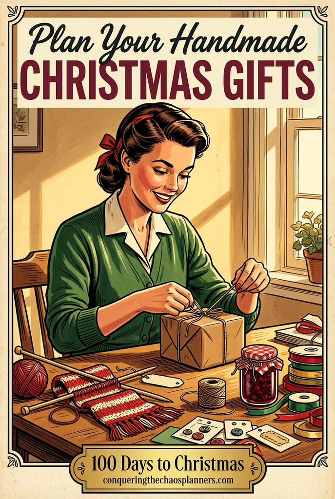 Handmade Christmas gifts — vintage illustration of a woman wrapping a handmade gift with knitting and homemade jam nearby, text reads Plan Your Handmade Christmas Gift