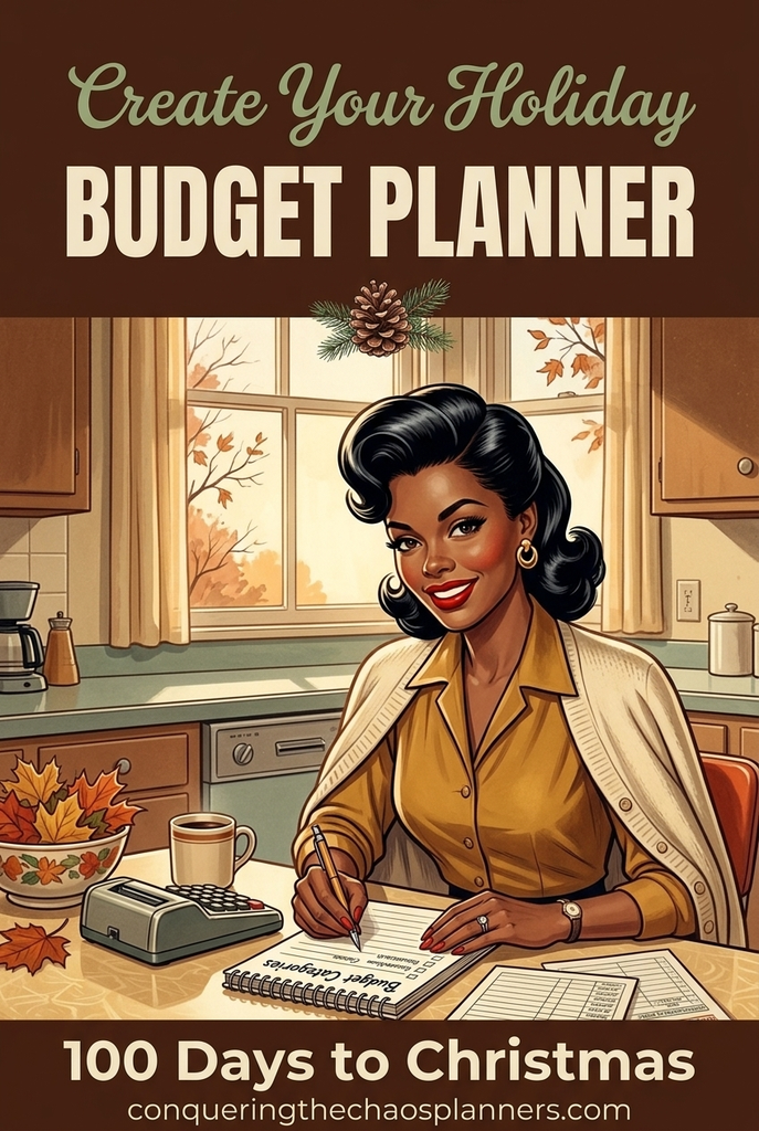 Holiday budget planner — vintage illustration of a woman writing her Christmas budget categories at a kitchen table with the text Create Your Holiday Budget Planner
