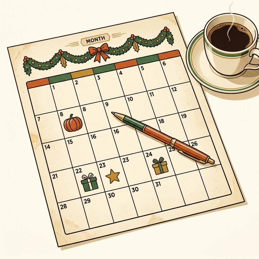 Flat lay illustration of a monthly calendar page with a pen and coffee cup, decorated with small holiday doodles"