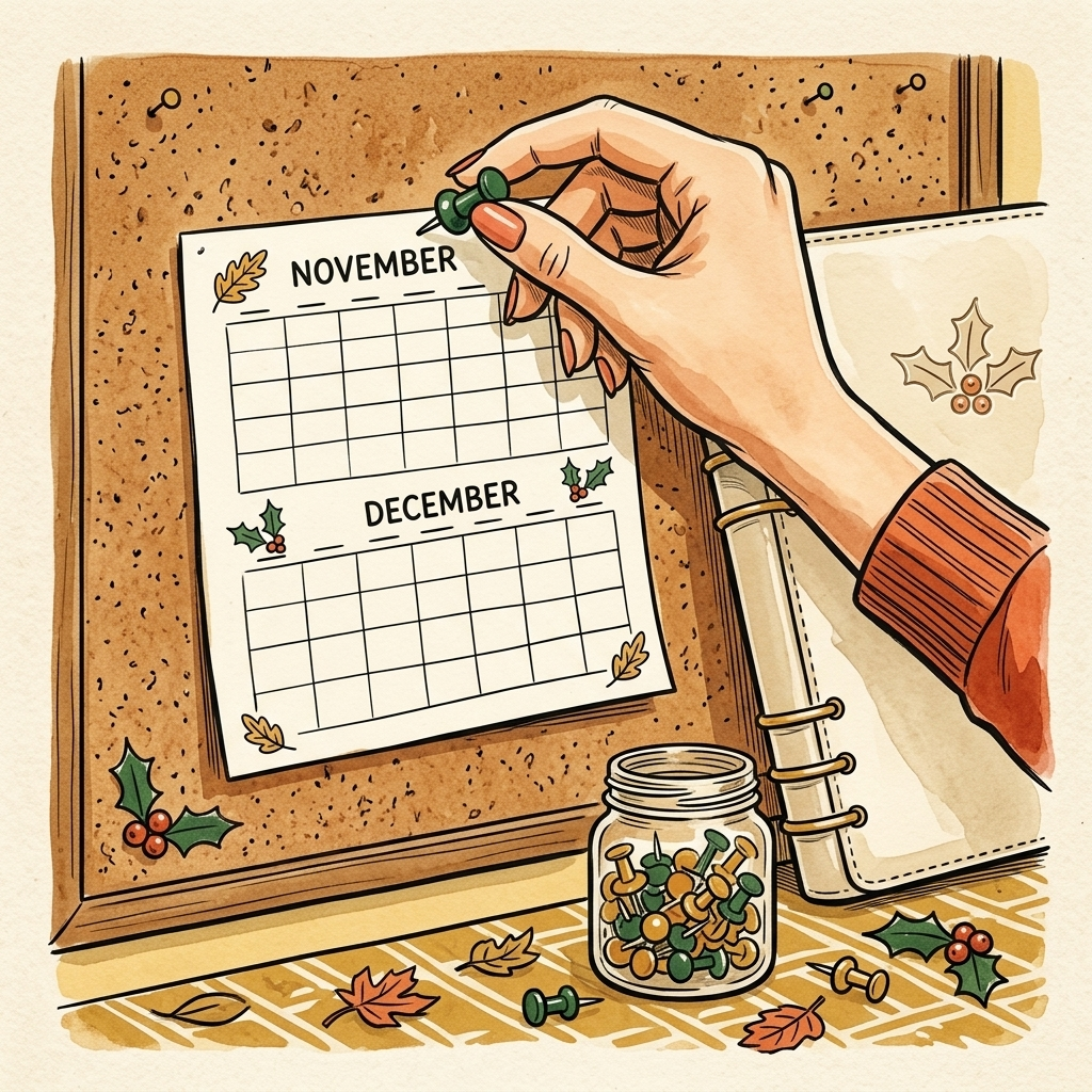 Vintage illustration of a hand pinning a monthly calendar page to a corkboard next to a holiday planning binder