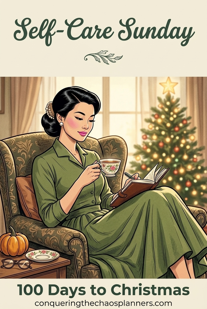 Self-Care Sunday — vintage illustration of a woman relaxing in an armchair with tea and a journal