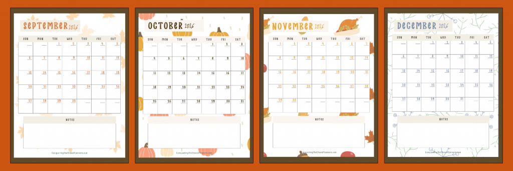 monthly calendar printable September through December 