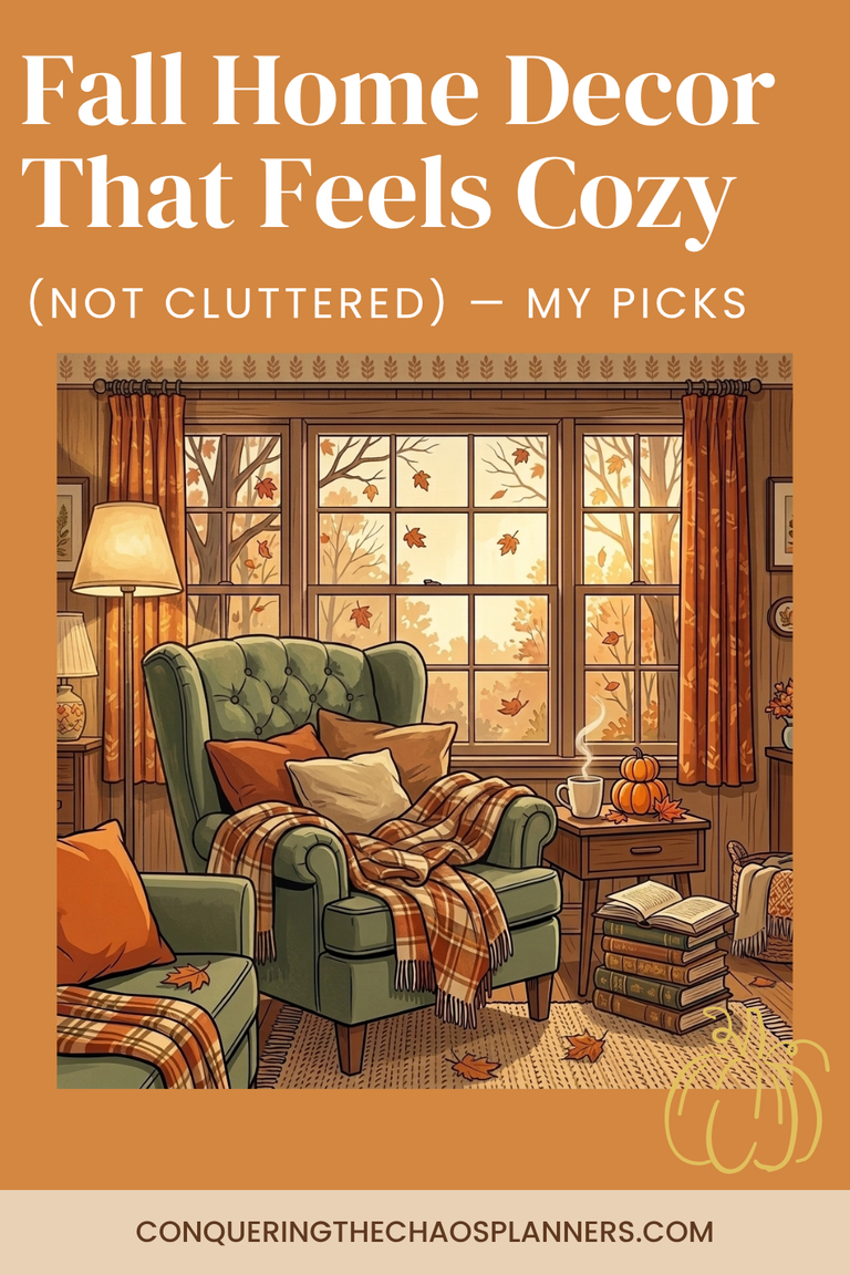 Cozy illustrated fall home decor scene featuring amazon finds for a reading nook
