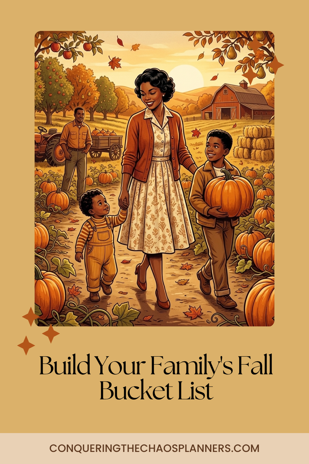 Retro illustration of a family walking through a pumpkin patch, inspired by this year's family fall bucket list