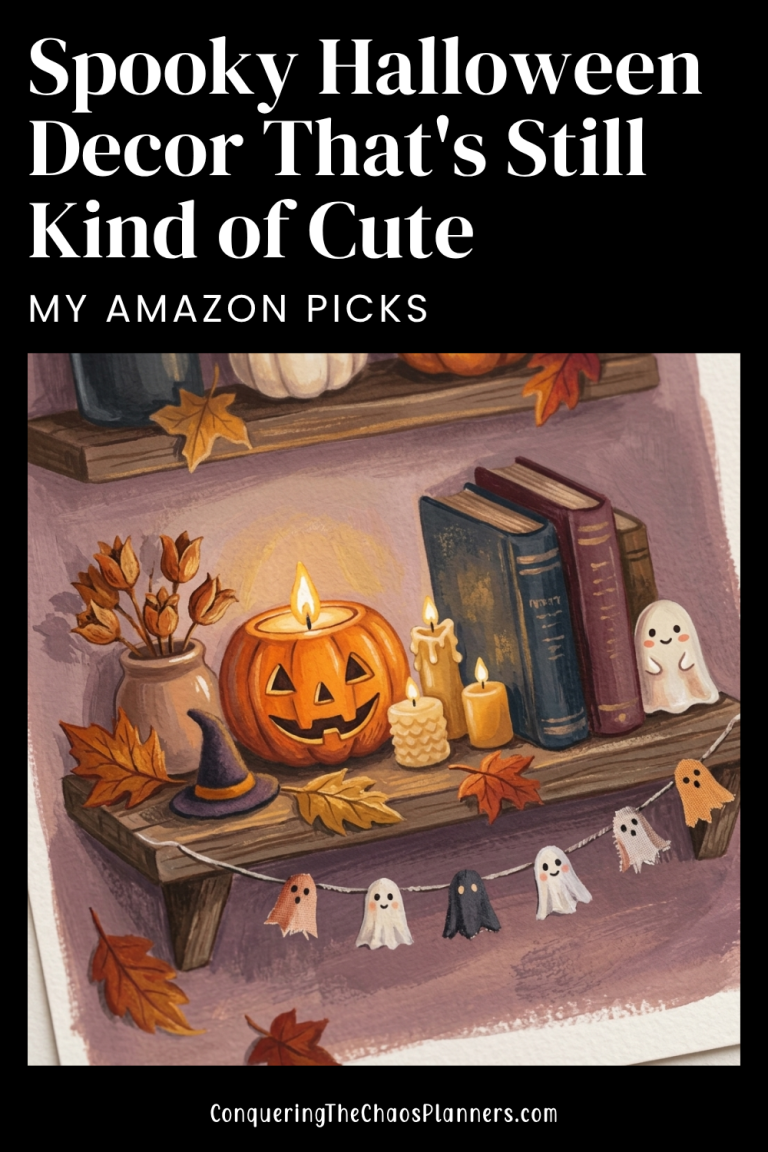 Whimsical illustrated Halloween decor scene featuring amazon picks for a cozy home