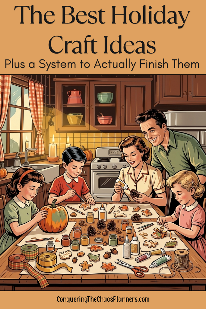 Vintage illustration of a family crafting together at a table full of holiday supplies with the best holiday craft ideas title on the image