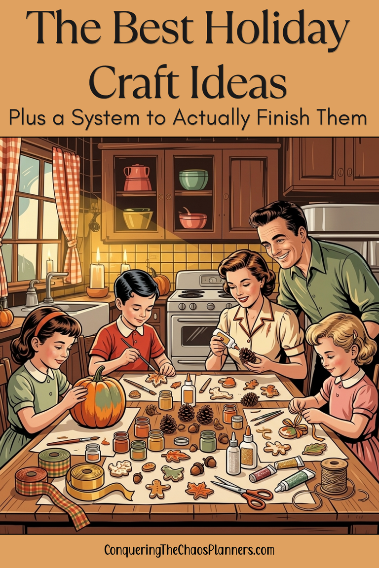 the best holiday craft ideas plus a system to actually finish them title on top of page with an illustration of a family sitting at a table surrounded by craft supplies
