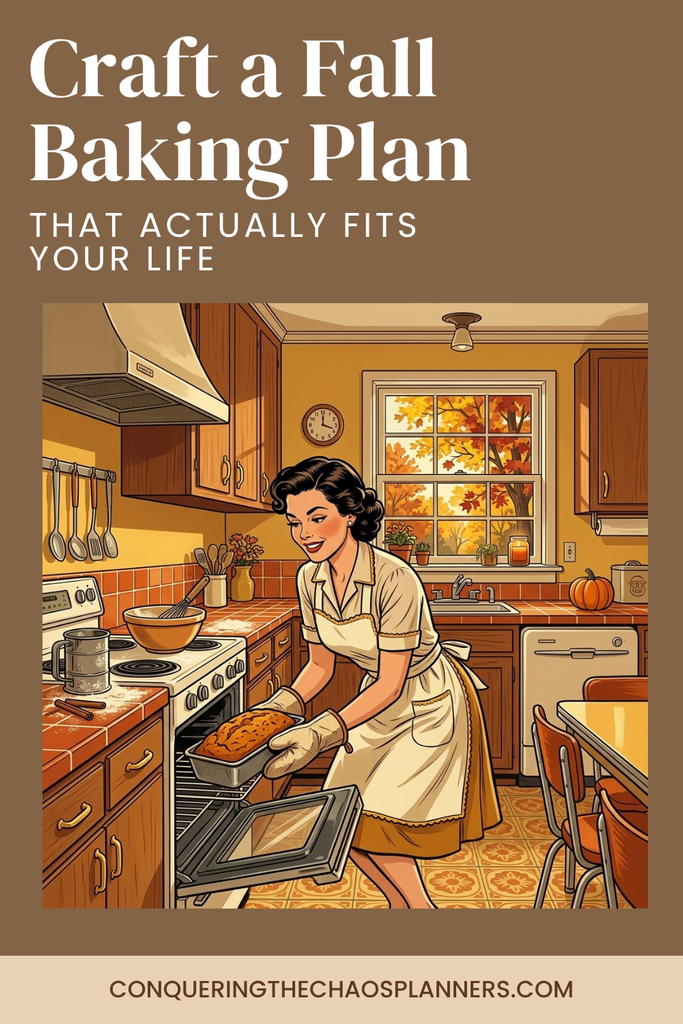 Vintage illustration of a woman pulling pumpkin bread from the oven, part of a fall baking plan
