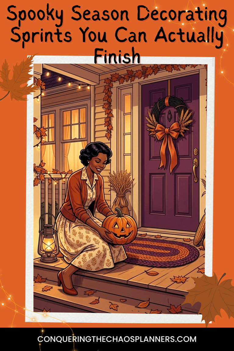 Spooky Season Decorating Sprints You Can Actually Finish text with a woman putting a jack o lantern out on her front porch