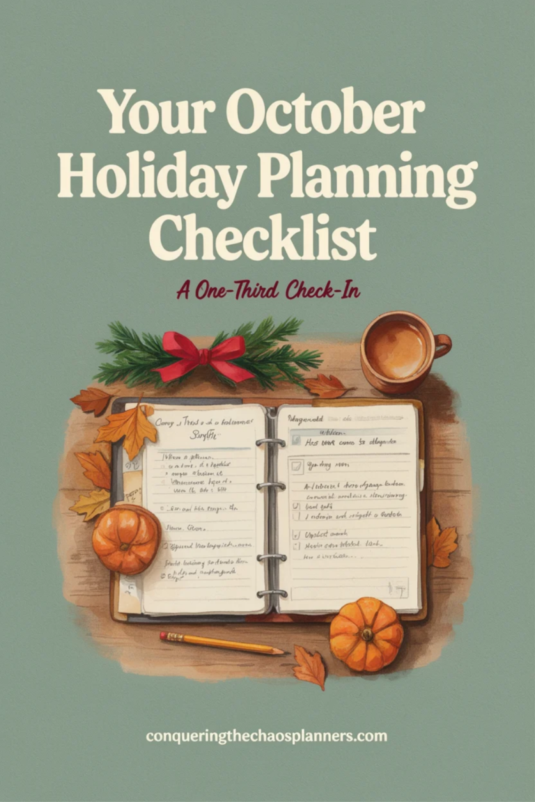 Overhead painted still life of an open holiday planning binder with checked-off tasks, a mug of cider, pumpkins, autumn leaves, and an evergreen sprig on a wooden table with Your October Holiday Planning Checklist text at the top