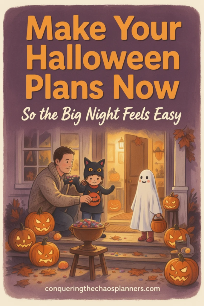 Painted illustration of a dad helping a child in a black cat costume on a porch lit with jack-o’-lanterns, with the title “Make Your Halloween Plans Now (So the Big Night Feels Easy)”