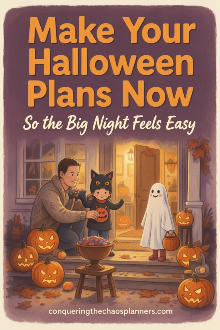 Make your Halloween Plans Now Text with Storybook-style painting of a family getting ready for trick-or-treating on a glowing porch, with a dad adjusting a child’s cat costume, a ghost holding a pumpkin pail, jack-o’-lanterns, and a candy bowl