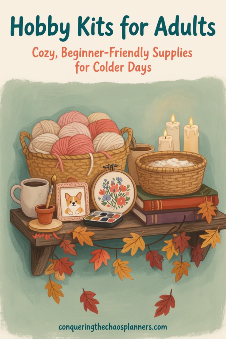 Hand-painted gouache illustration of a candlelit craft shelf with chunky yarn, embroidery, watercolor paints, a bread proofing basket, and autumn leaves with hobby kits for adults text at the top